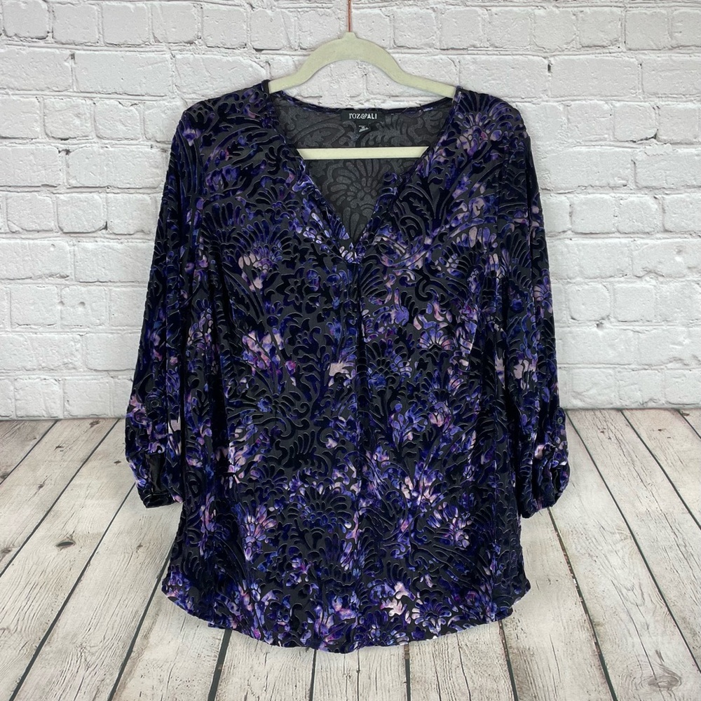 Roz and Ali Size 1X Floral Velvet Burnout Stretch Fairy Whimsigoth Purple Bogo